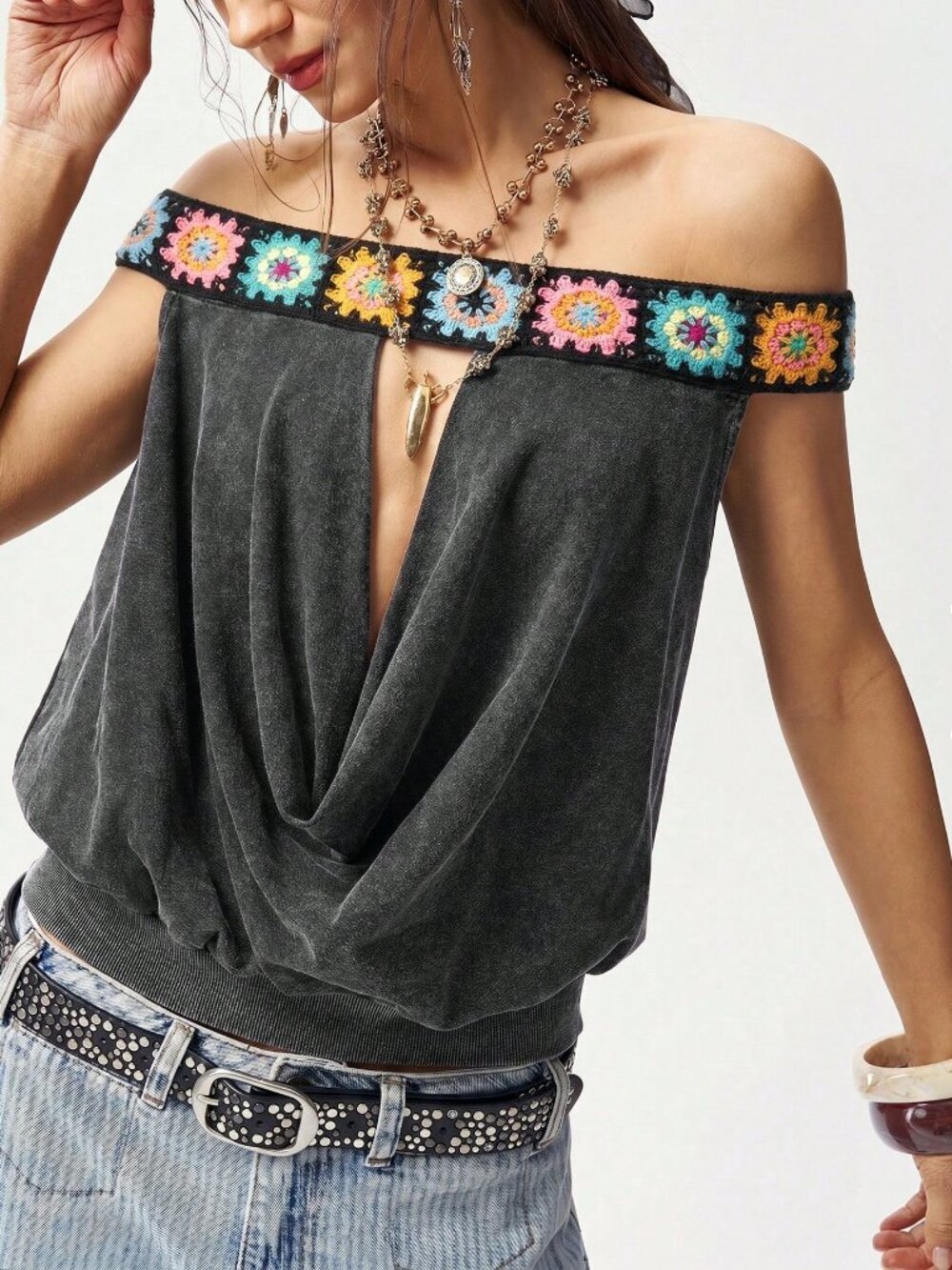Grey Casual Women's Washed Knit T-Shirt With Braid Trim - Picture 6 of 8